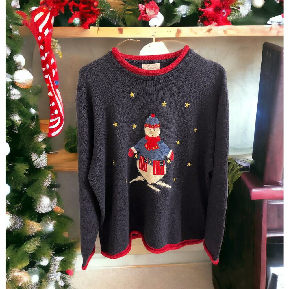 Christopher Banks Sweater Womens XL Knit Christmas Snowman Patriotic Flag Winter